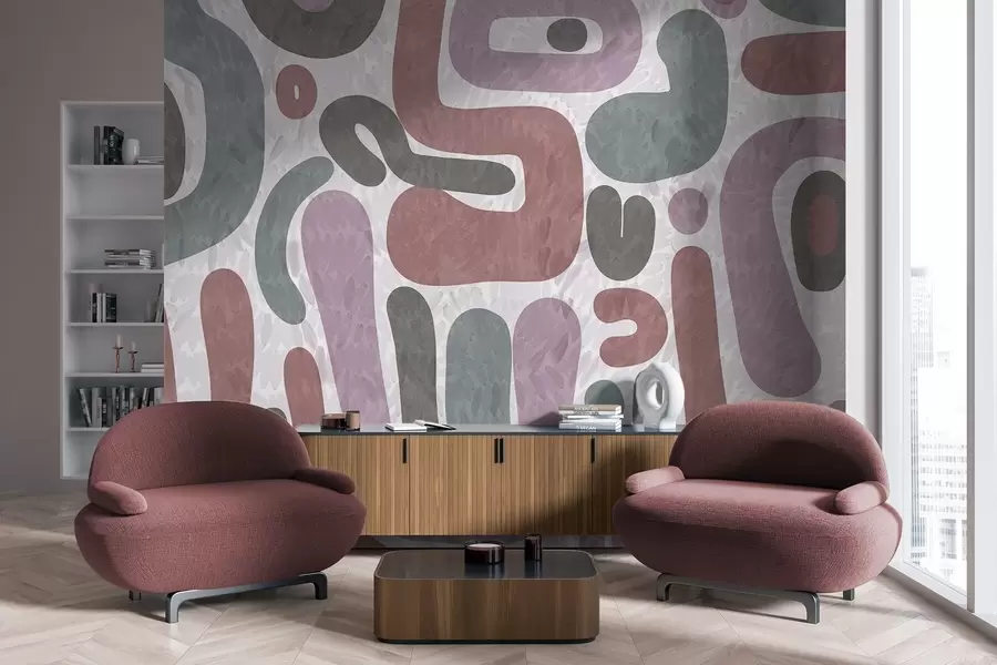 murales de pared Formas abstractas con textura en tonos apagados de rosa, verde y gris, sobre un fondo con textura. Arte moderno. w09622