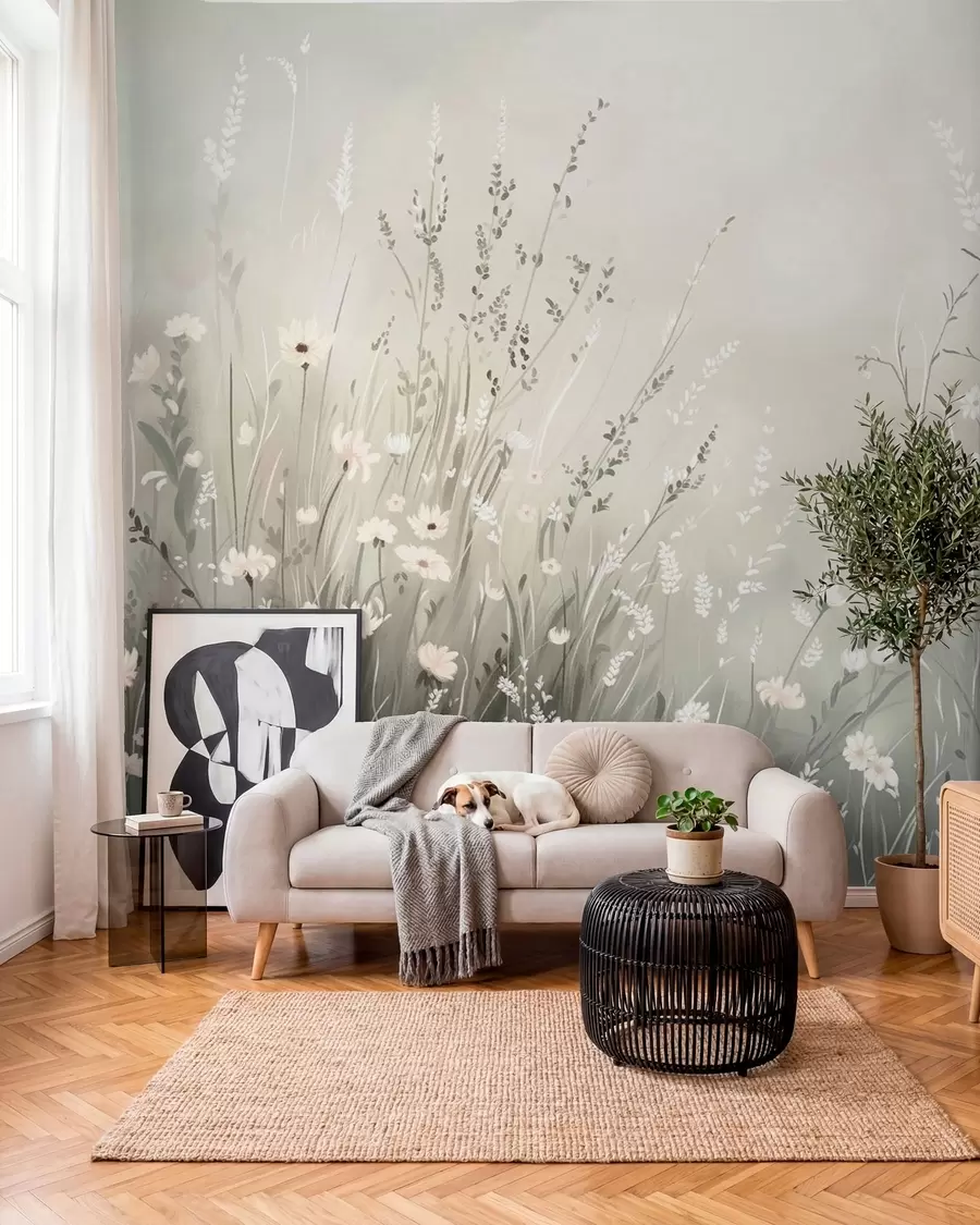 murales de pared Suave escena de pradera con flores blancas y delicadas hierbas. w05015v1