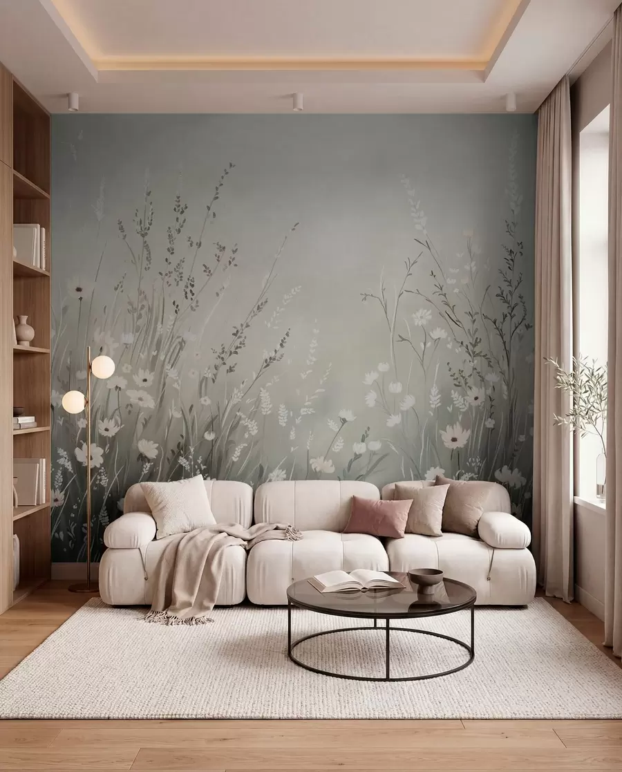 murales de pared Suave escena de pradera con flores blancas y delicadas hierbas. w05015v1