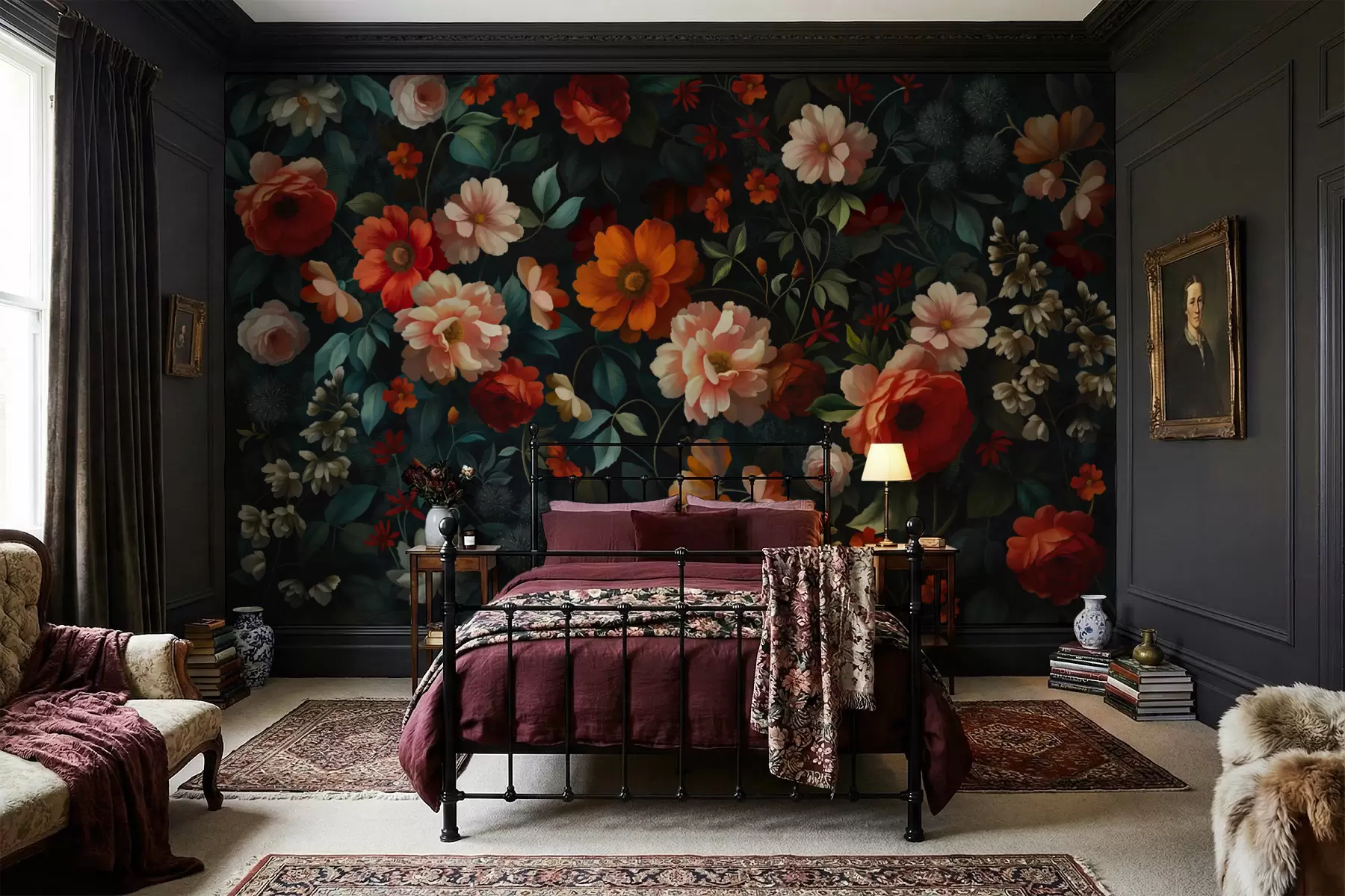 murales de pared Estampado floral oscuro con exuberantes flores de jardín. w05087