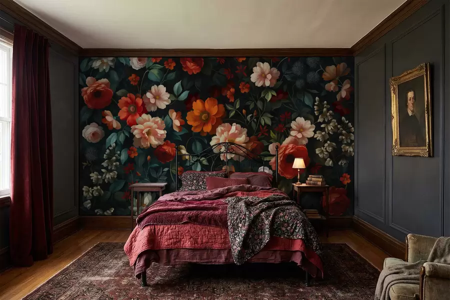 murales de pared Estampado floral oscuro con exuberantes flores de jardín. w05087