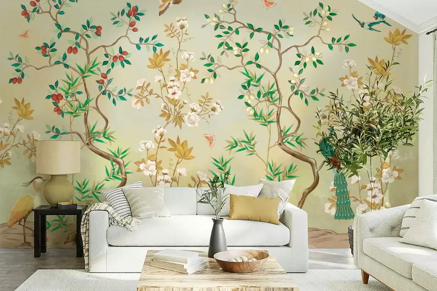 murales de pared Escena con árboles, flores y pájaros, fondo claro. w05004v1
