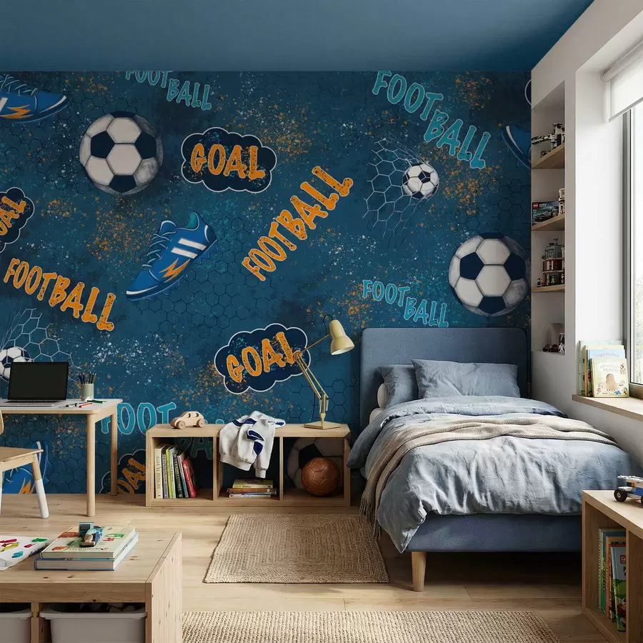 murales de pared Diseño infantil con pelotas, zapatillas y palabras deportivas. w05037