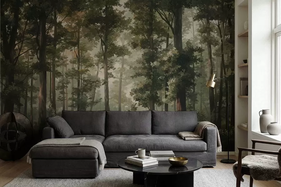 murales de pared Ilustración de un bosque con niebla, árboles altos y un sendero. w05089