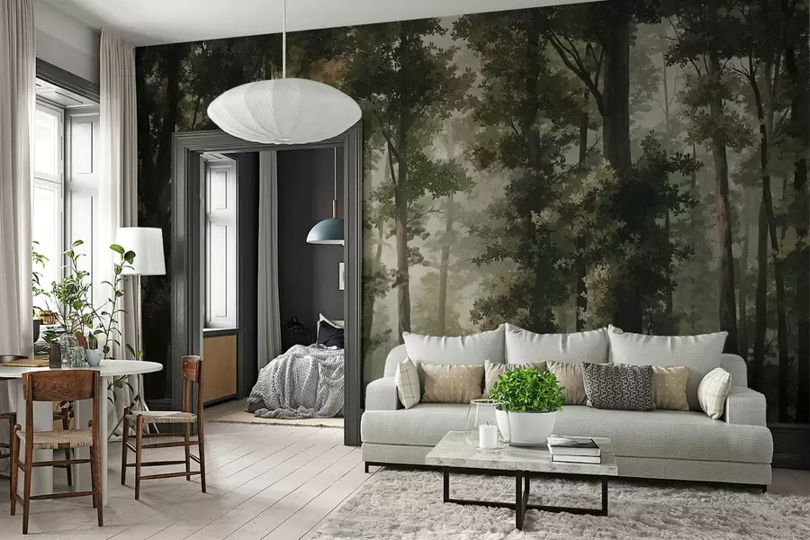 murales de pared Ilustración de un bosque con niebla, árboles altos y un sendero. w05089