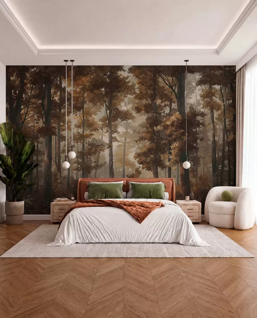 murales de pared Escena otoñal en el bosque con luz cálida y árboles densos. w05089v1
