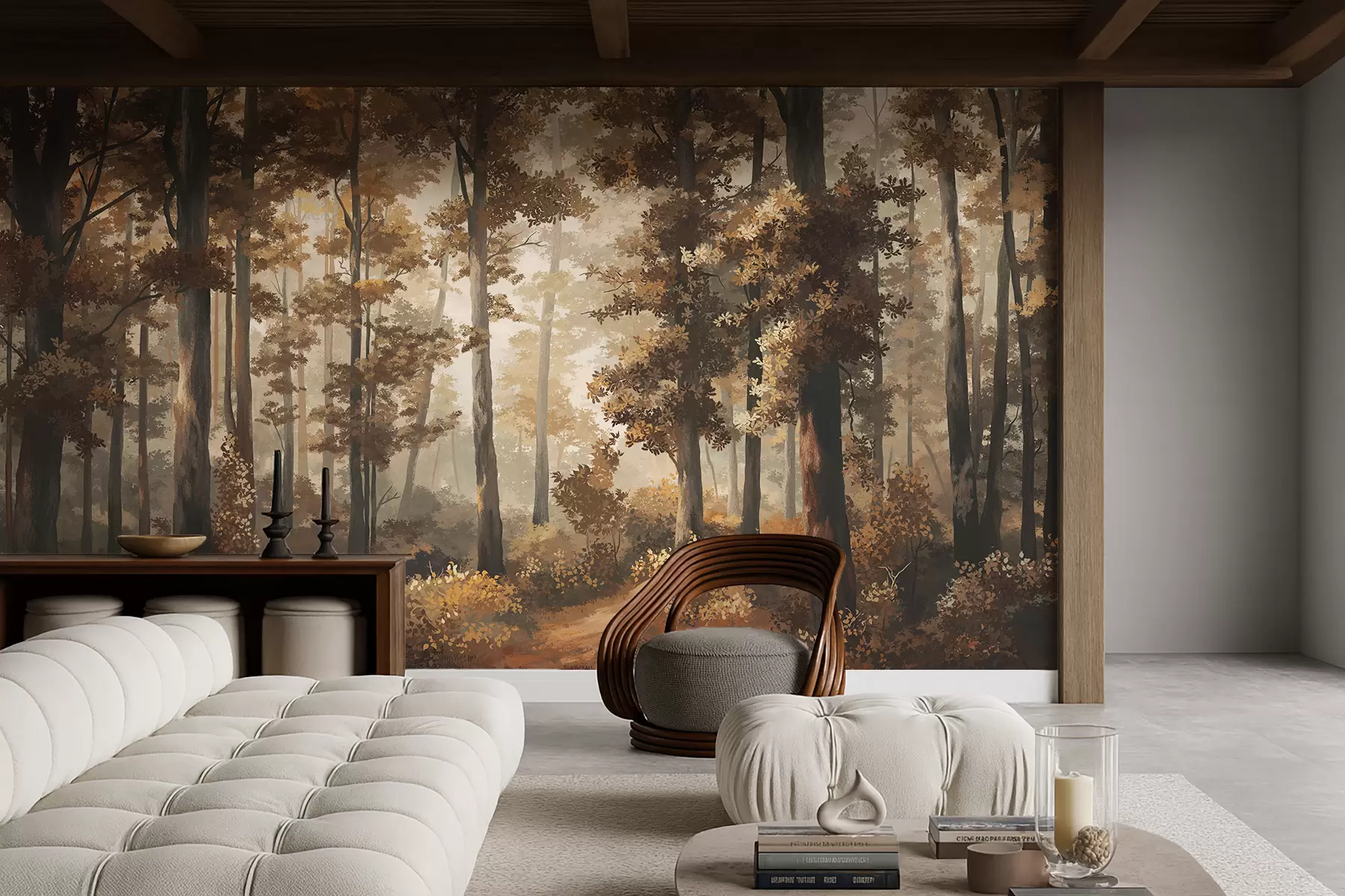 murales de pared Escena otoñal en el bosque con luz cálida y árboles densos. w05089v1