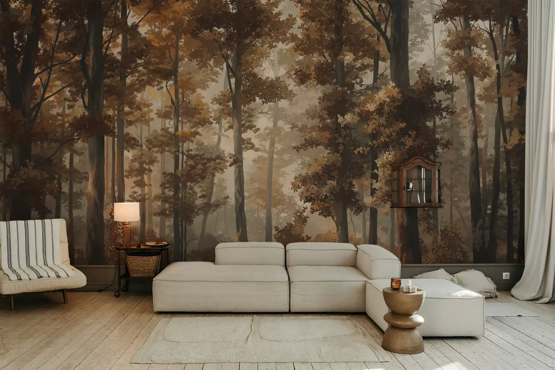 murales de pared Escena otoñal en el bosque con luz cálida y árboles densos. w05089v1