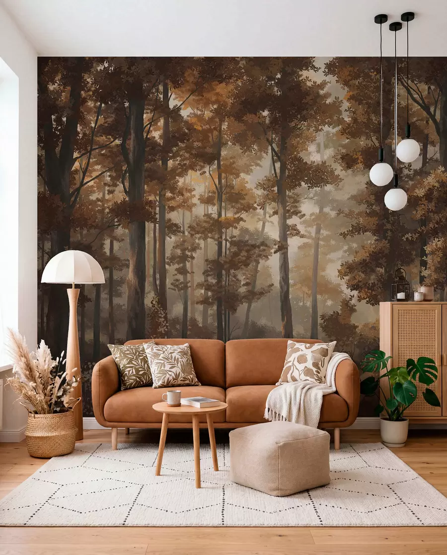 murales de pared Escena otoñal en el bosque con luz cálida y árboles densos. w05089v1