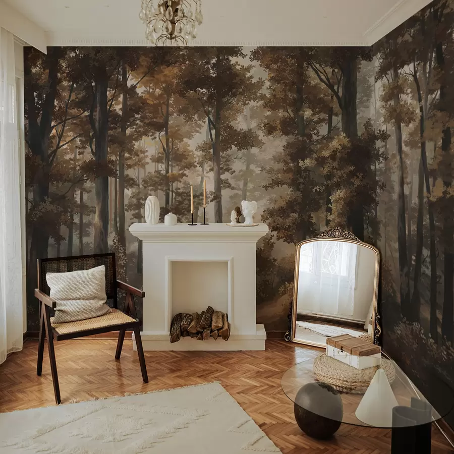 murales de pared Escena otoñal en el bosque con luz cálida y árboles densos. w05089v1