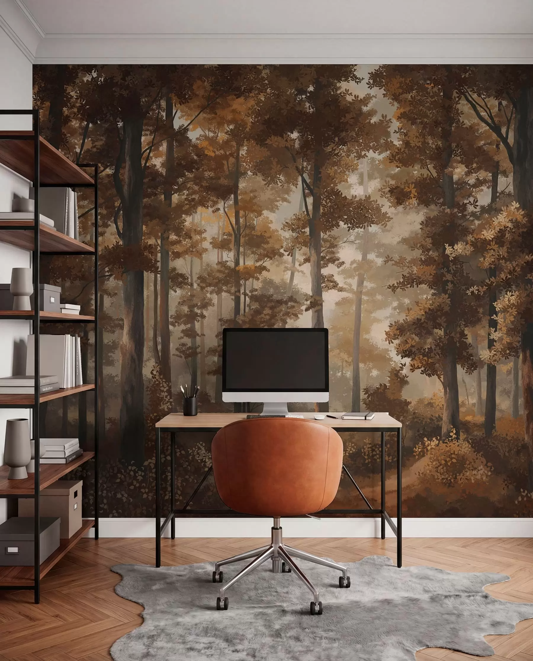 murales de pared Escena otoñal en el bosque con luz cálida y árboles densos. w05089v1