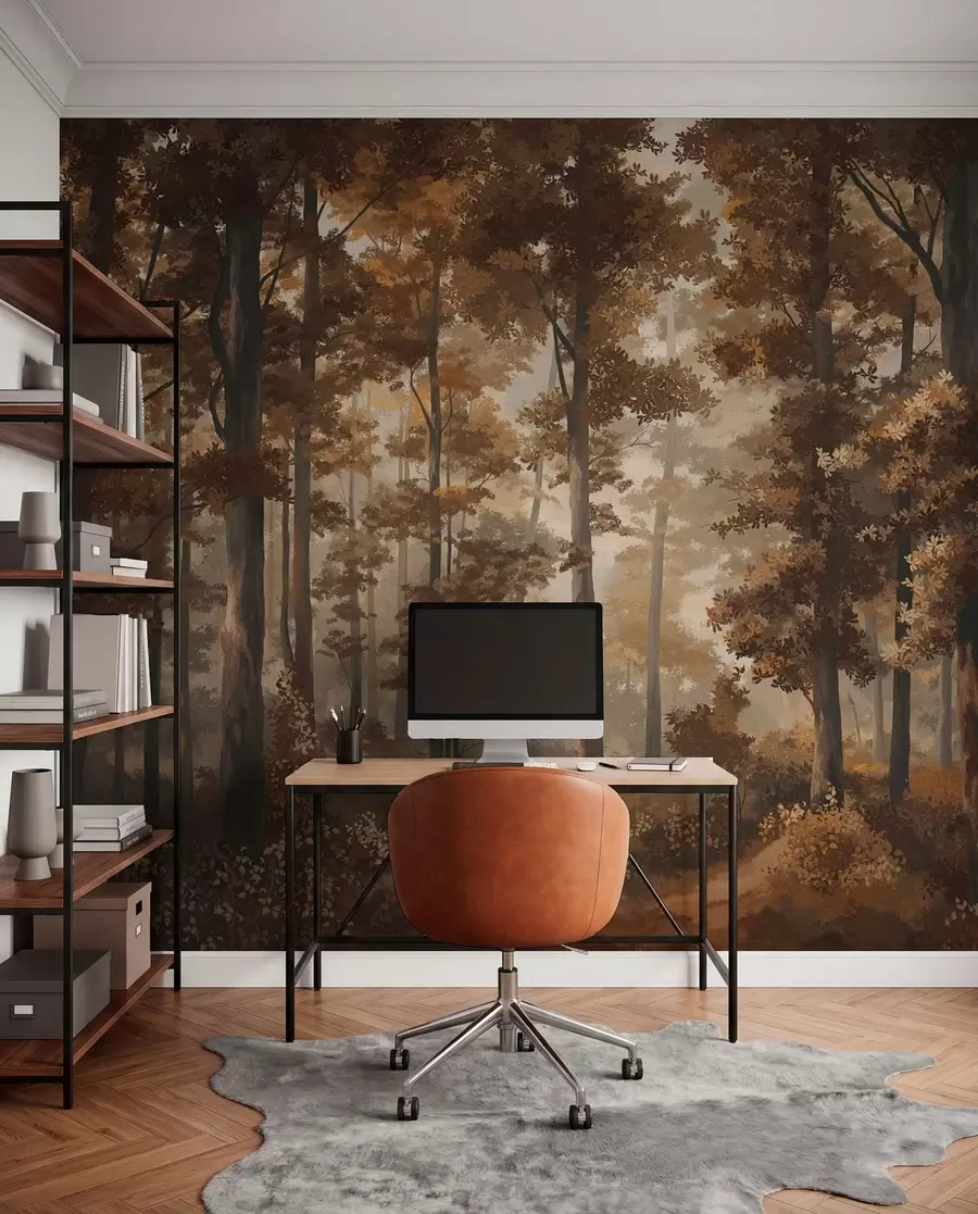 murales de pared Escena otoñal en el bosque con luz cálida y árboles densos. w05089v1