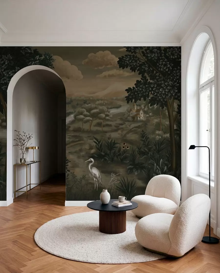 murales de pared Paisaje fantástico con río, casa y pájaros entre los árboles. w05090
