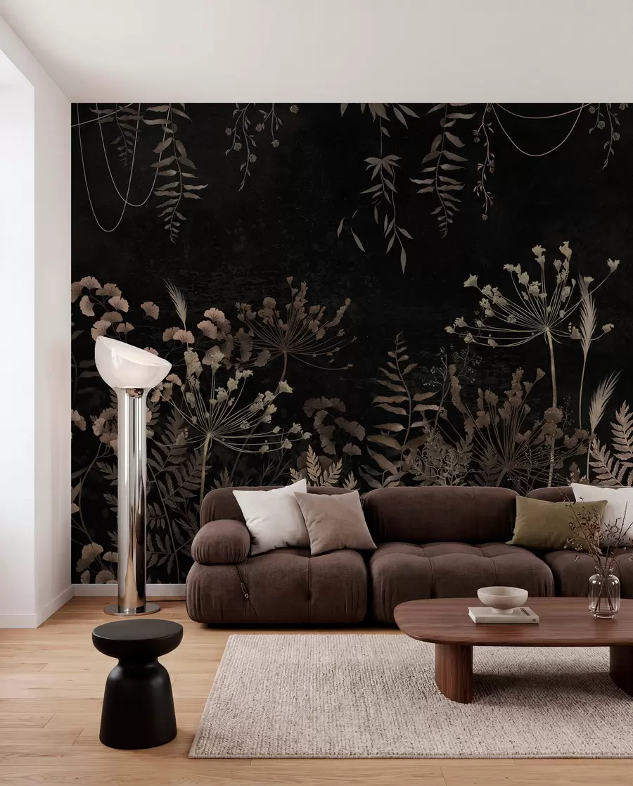 murales de pared Diseño botánico oscuro con flores y hojas. w05092
