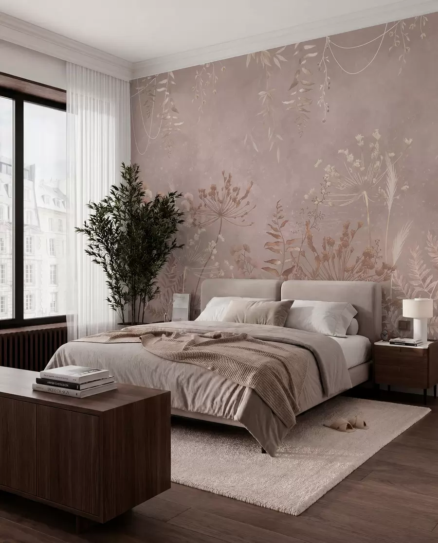 murales de pared Motivo botánico en beige suave con flores silvestres. w05092v2