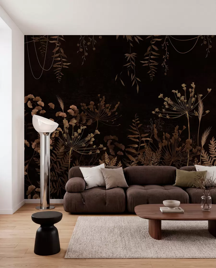 murales de pared Diseño botánico oscuro con flores y hierbas. w05092v3