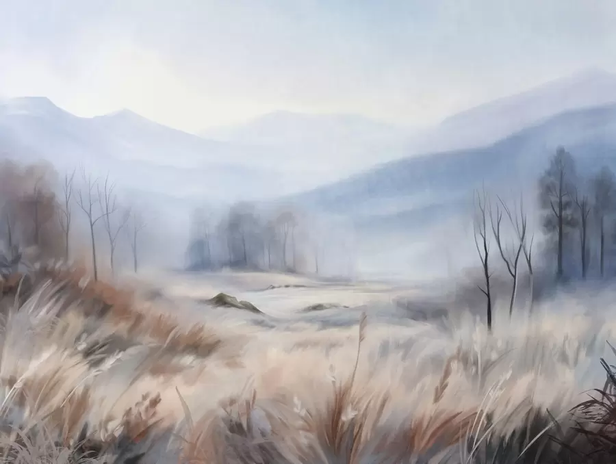 murales de pared Paisaje con textura, con hierba seca en primer plano y árboles al fondo, con montañas en la distancia. w09542