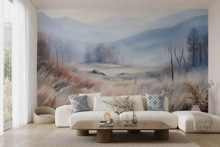 murales de pared Paisaje con textura, con hierba seca en primer plano y árboles al fondo, con montañas en la distancia. w09542