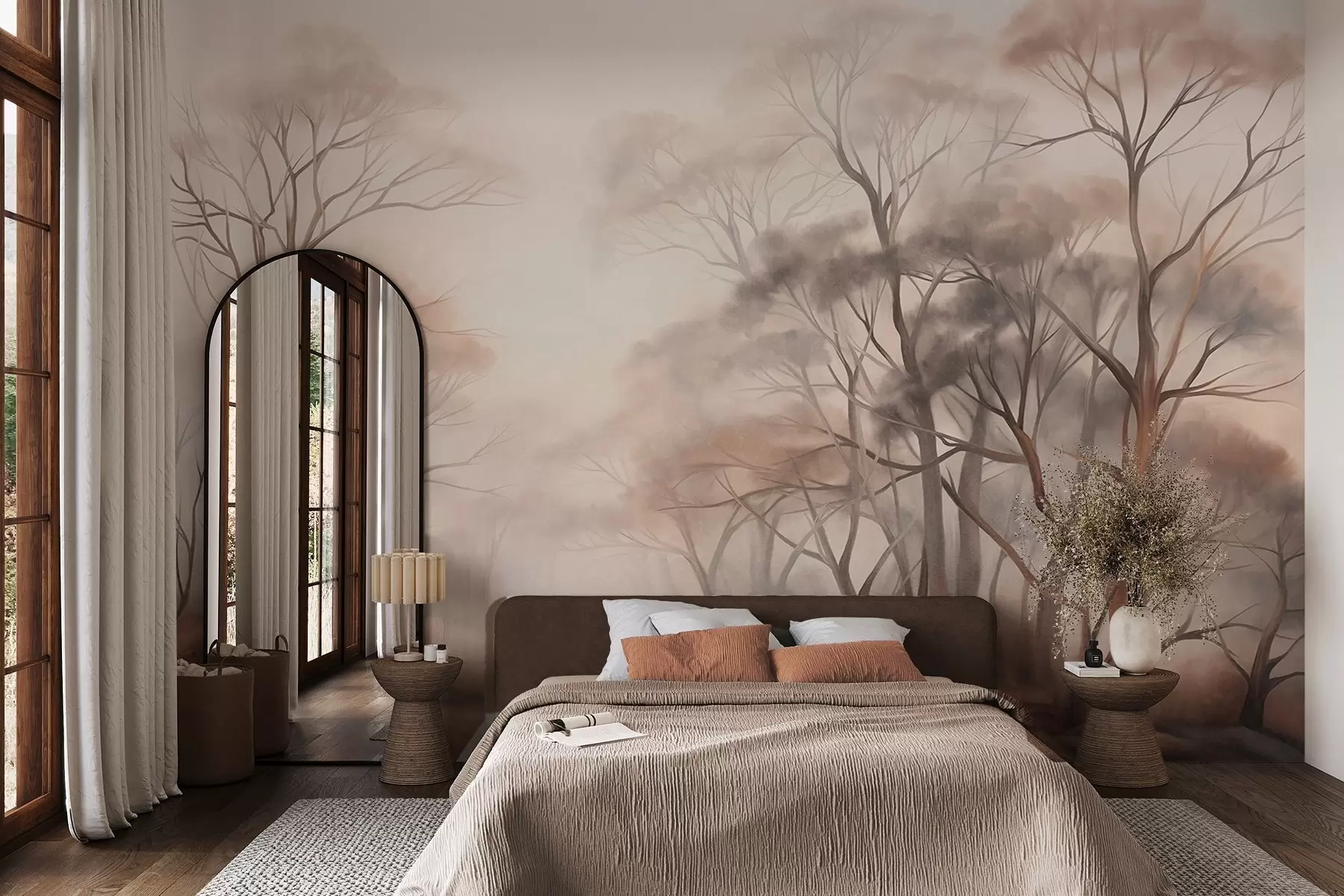 murales de pared Árboles con textura en un bosque brumoso, paisaje neblinoso con colores apagados y suave iluminación. w09609