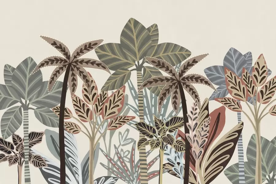 murales de pared Plantas tropicales con textura y palmeras con colores apagados en estilo boho decorativo sobre un fondo crema. w09639