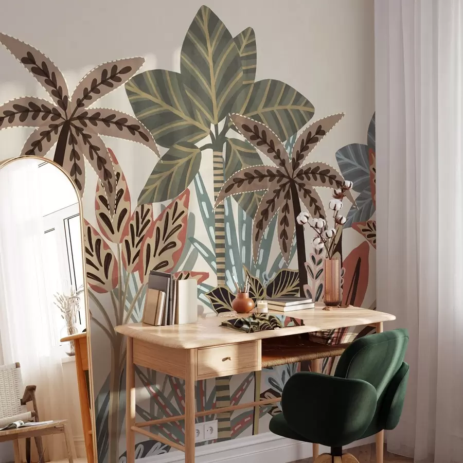 murales de pared Plantas tropicales con textura y palmeras con colores apagados en estilo boho decorativo sobre un fondo crema. w09639
