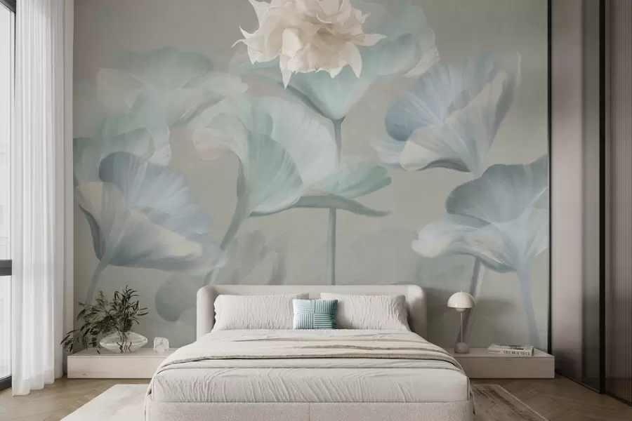 murales de pared Flores de loto translúcidas de color turquesa pálido con pétalos delicados sobre un fondo gris apagado. w09640v2
