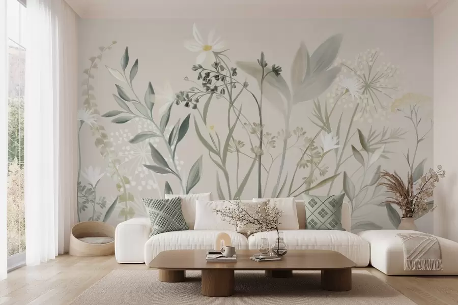 murales de pared Delicadas flores silvestres y follaje con textura en tonos verdes y crema apagados sobre un fondo beige suave. w09641