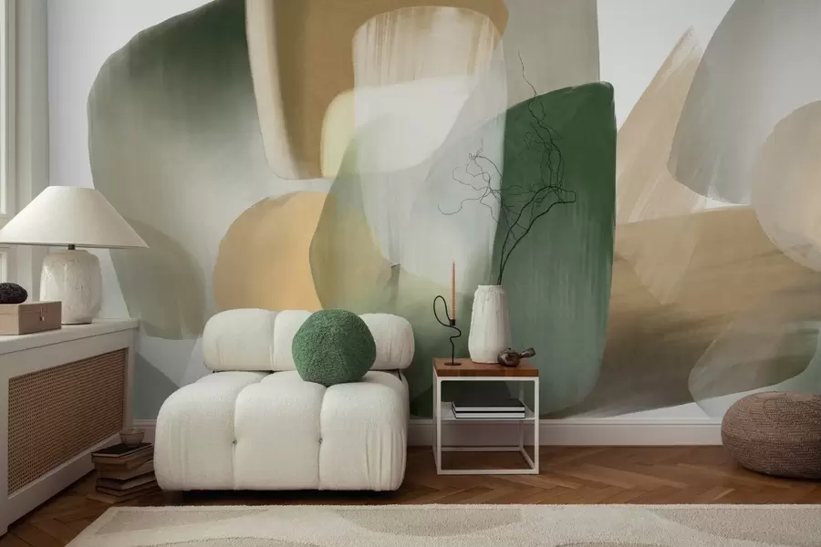 murales de pared Formas abstractas con textura en colores verde y beige apagados, con bordes suaves y capas superpuestas. w09642
