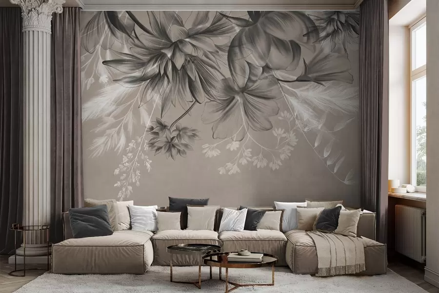 murales de pared Flores y helechos texturizados en tonos gris oscuro y blanco sobre un fondo beige apagado, estilo de dibujo. w09644