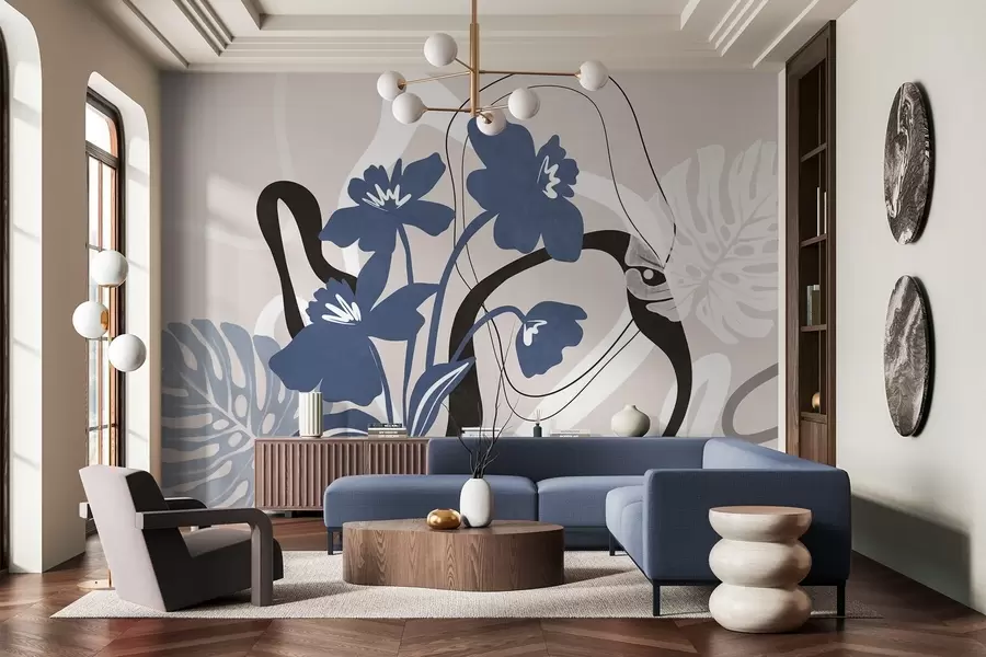 murales de pared Flores azules abstractas con textura y formas blancas y negras sobre un fondo beige claro, arte minimalista. w09645