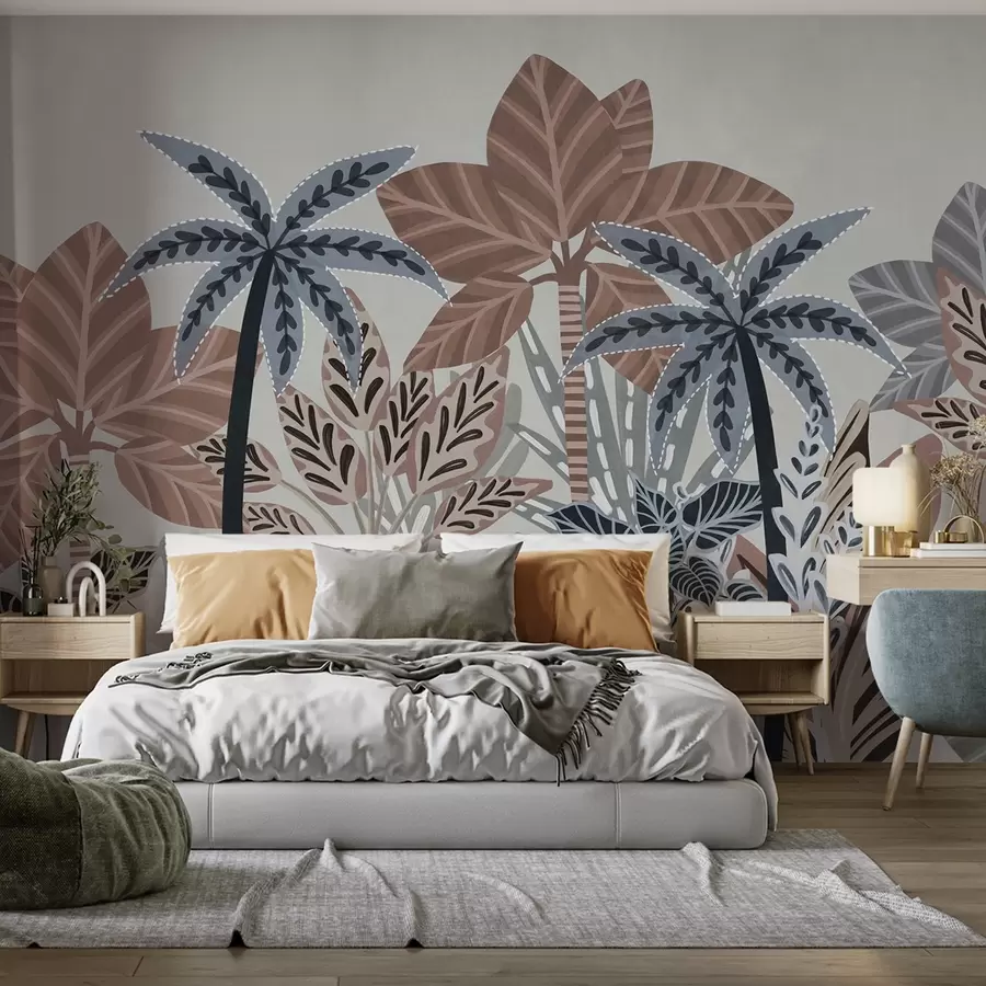 murales de pared Plantas tropicales y palmeras con textura y colores apagados en estilo boho decorativo sobre un fondo gris. w09639v1