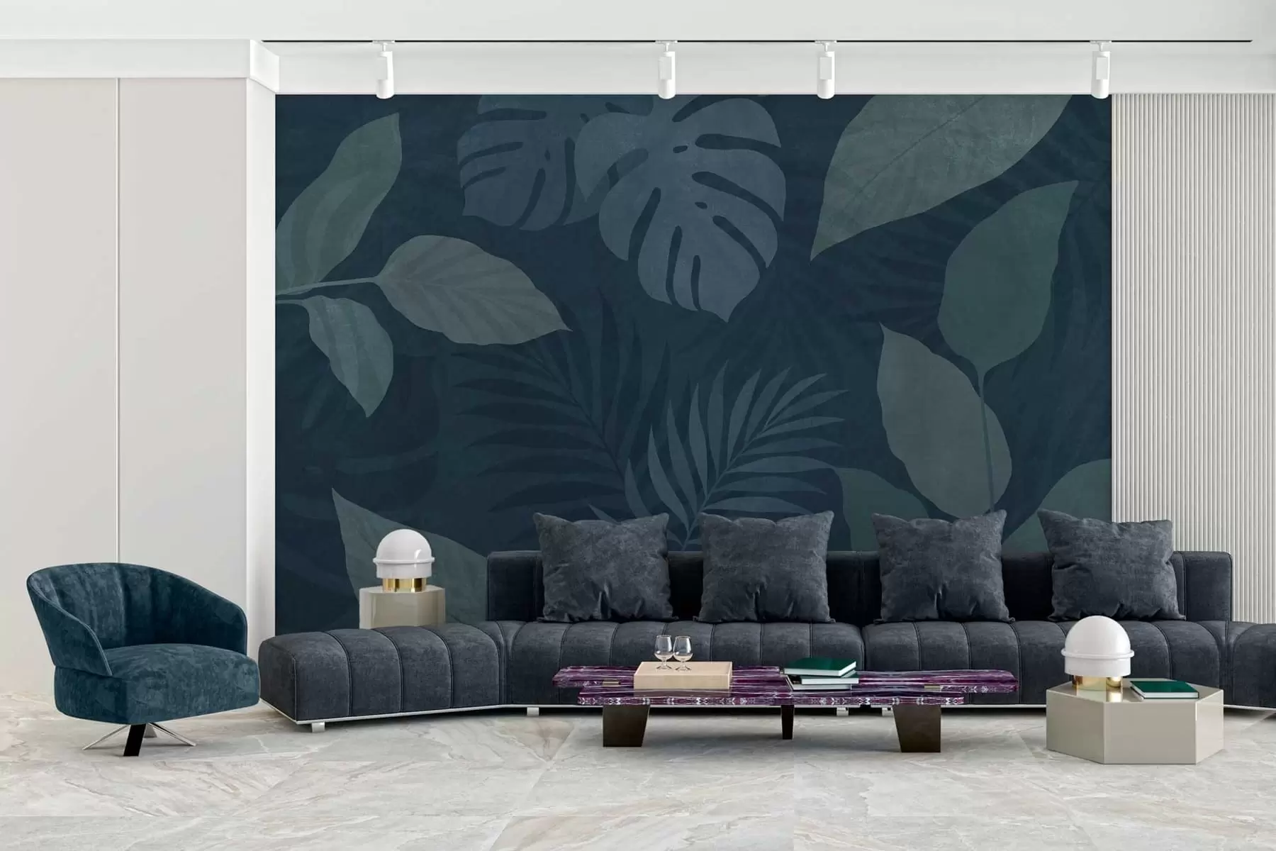murales de pared hojas tropicales texturizadas sobre un fondo azul oscuro w05063v3