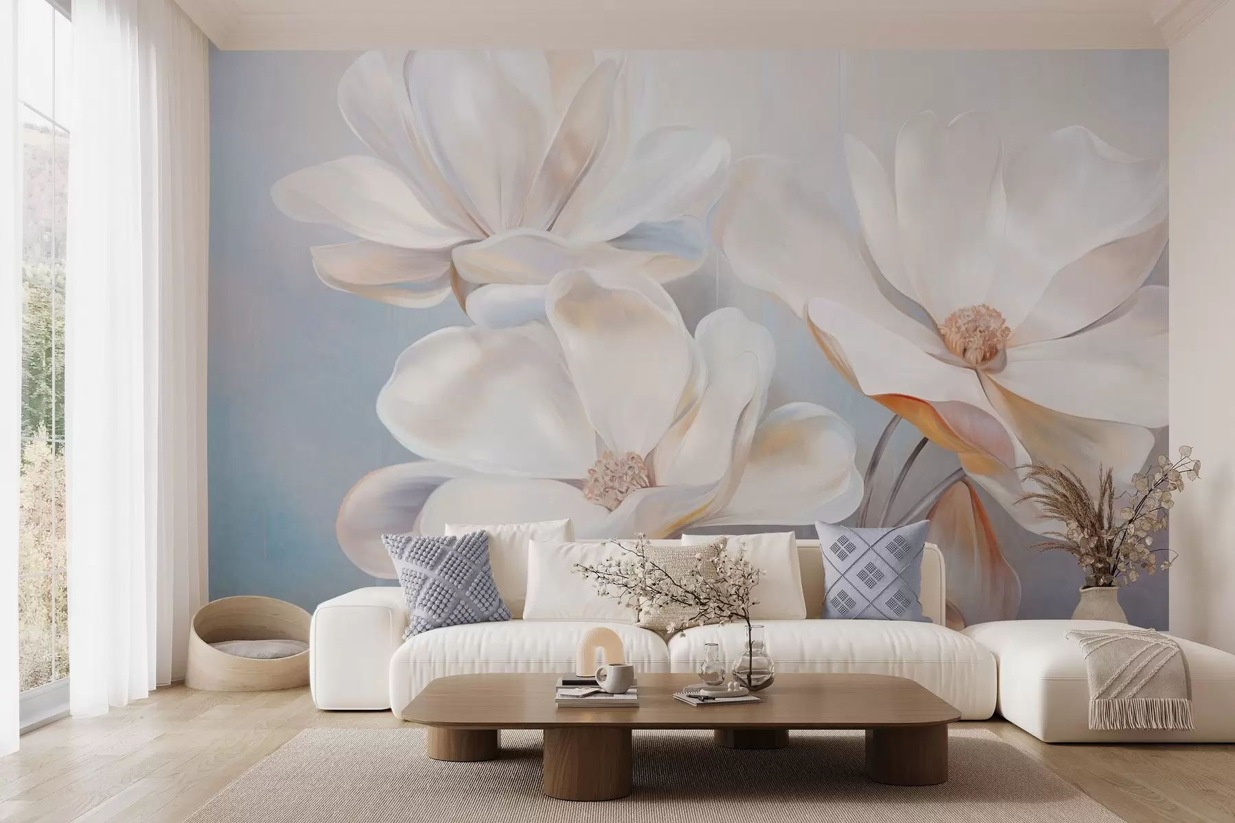 murales de pared Flores blancas de magnolia fantásticas con pétalos de textura delicada, sobre un fondo suave y abstracto. w09373