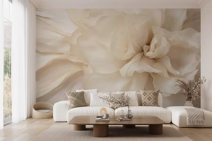 murales de pared Flor delicada y texturizada, de color claro, con pétalos translúcidos y un fondo abstracto suave. w09632