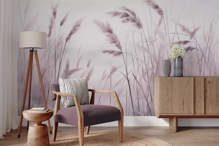 murales de pared Hierba seca alta y texturizada con espigas de trigo en el campo sobre un fondo suave y pálido. w09648v2