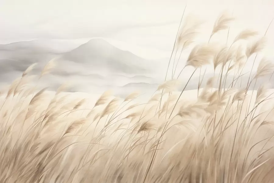 murales de pared Paisaje montañoso con textura, con hierba alta y seca bajo un cielo brumoso. w09649