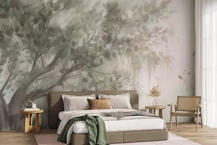 murales de pared Árbol texturizado con hojas y ramas de color verde claro, con un fondo suave y difuminado. w09650