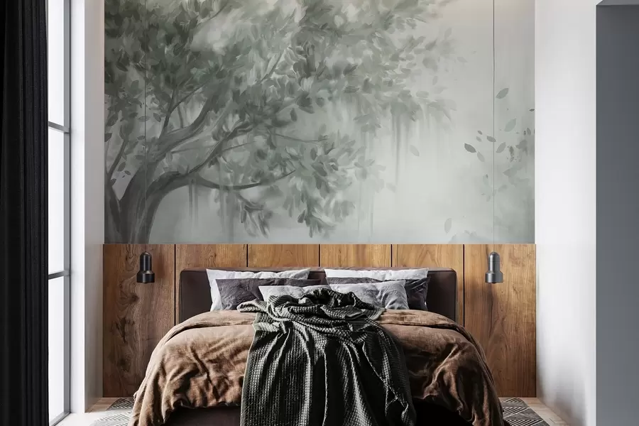 murales de pared Árbol texturizado con hojas y ramas verdes, con un fondo suave y difuminado. w09650v1