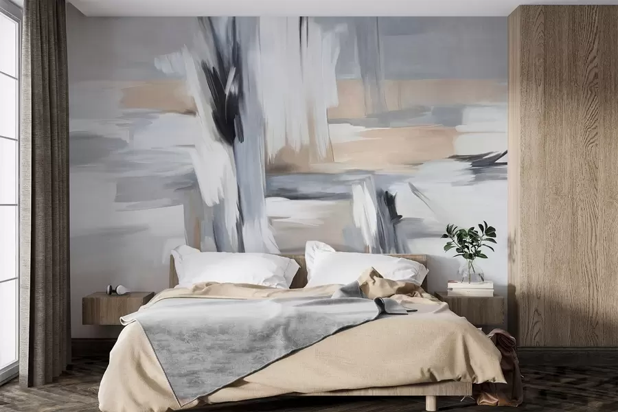 murales de pared Estilo pictórico abstracto con textura y pinceladas en tonos blancos, grises y beiges. w09651