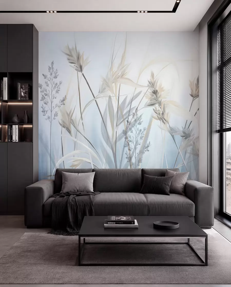 murales de pared Tallos altos y secos de hierba con puntas plumosas en tonos apagados, fondo azul y blanco suave y difuminado. w09652