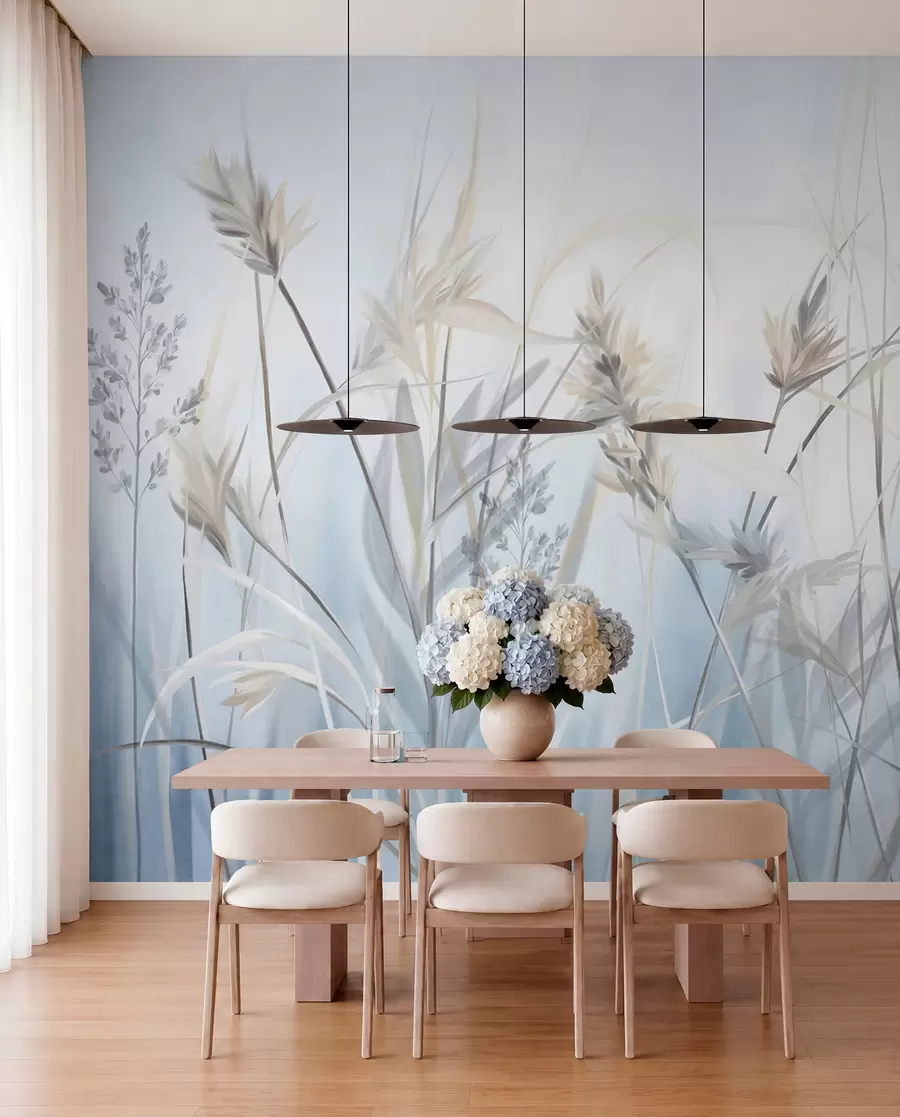 murales de pared Tallos altos y secos de hierba con puntas plumosas en tonos apagados, fondo azul y blanco suave y difuminado. w09652