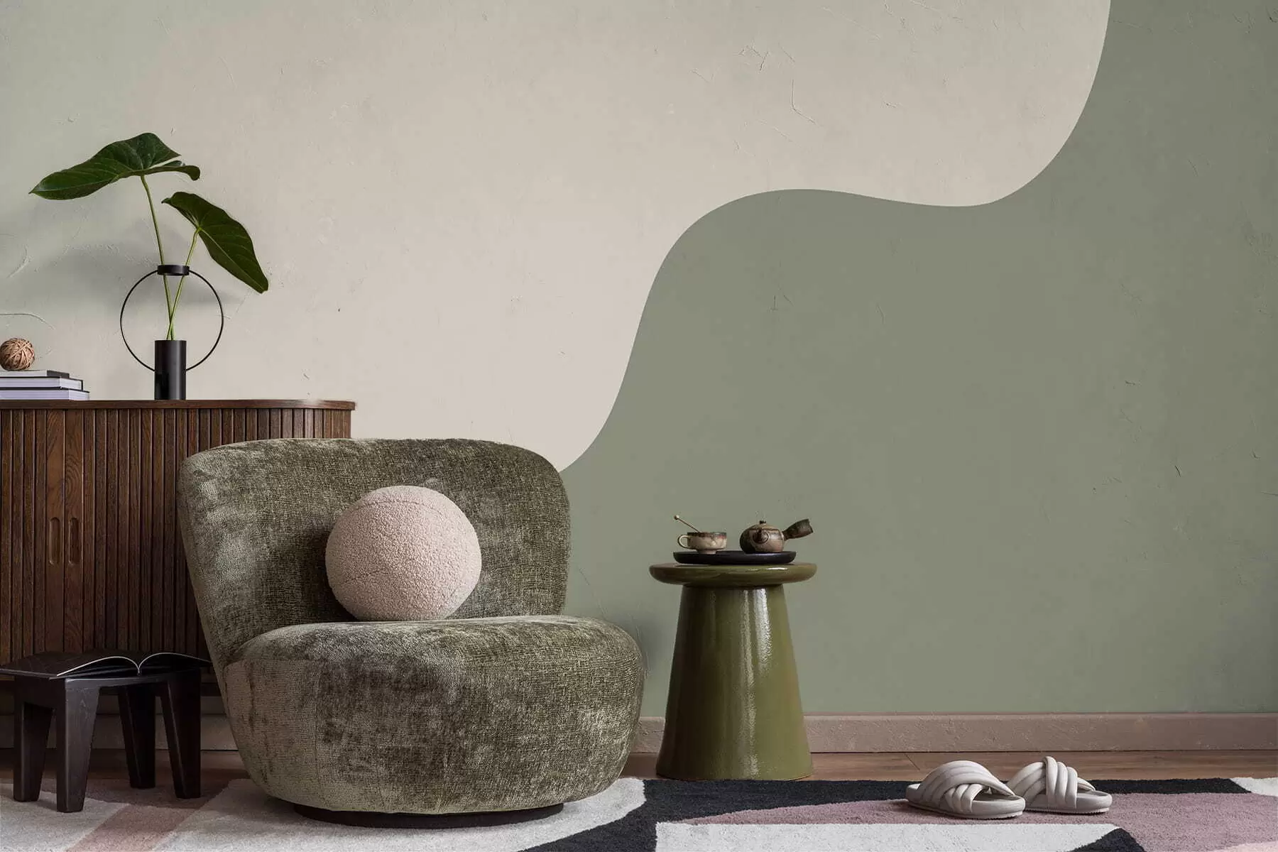 murales de pared Formas abstractas suaves en tonos beige claro y verde. w05097