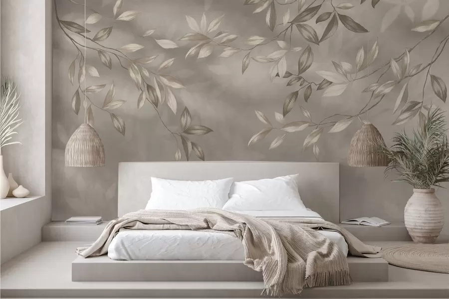 murales de pared Elegantes ramas frondosas en tonos beige sobre un fondo claro. w05113