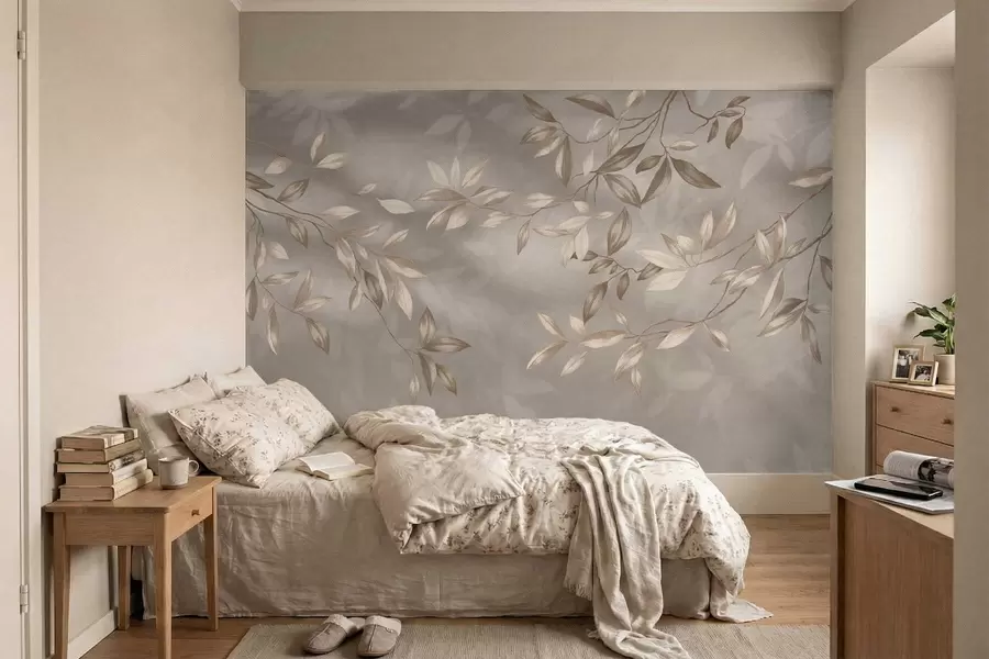 murales de pared Elegantes ramas frondosas en tonos beige sobre un fondo claro. w05113