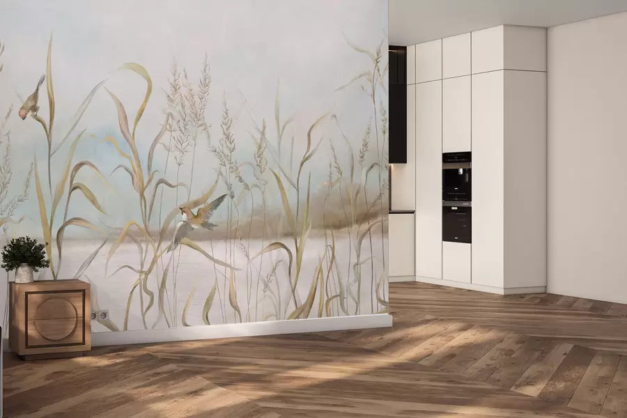 murales de pared Ilustración de juncos y pájaros junto al agua en tonos suaves. w05125