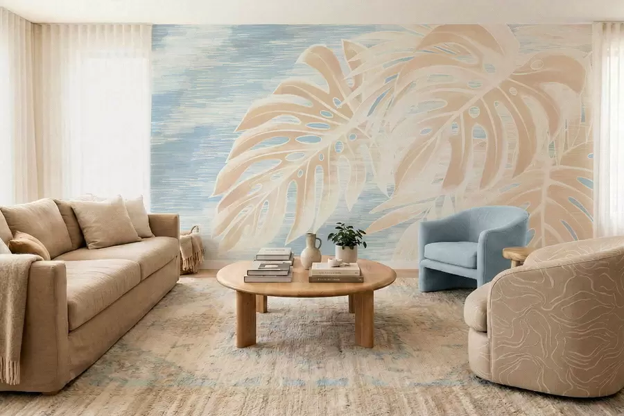 murales de pared Hojas abstractas en cálidos tonos beige sobre un fondo claro. w05130