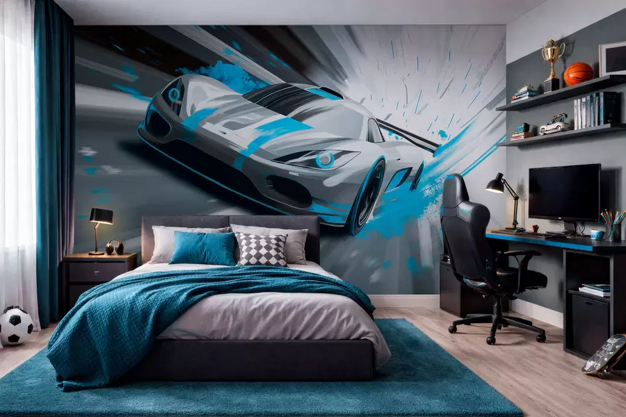 murales de pared Coche deportivo dinámico con estilo de dibujo digital y detalles en turquesa. w05069v3