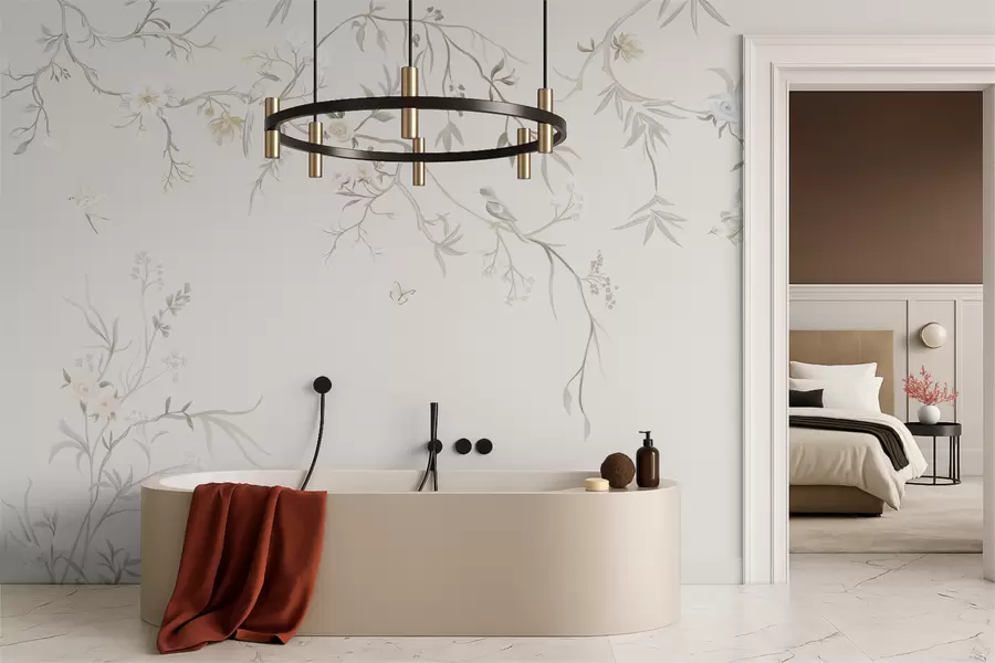 murales de pared Delicadas flores y pájaros sobre fondo de tiza. w05127