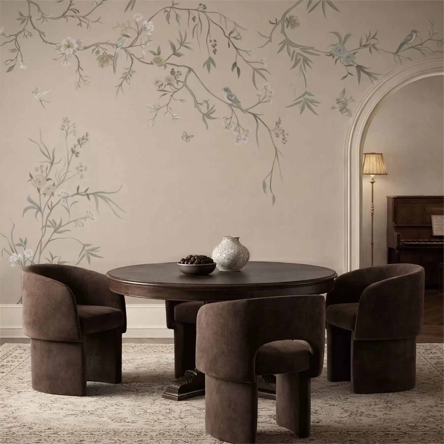 murales de pared Ramas florales con pájaros sobre un fondo beige cálido w05127v1