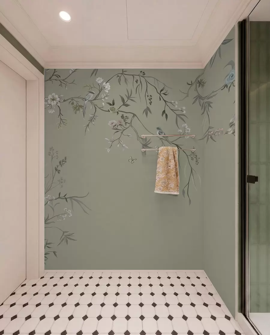murales de pared Diseño floral con pájaros sobre fondo fresco w05127v6